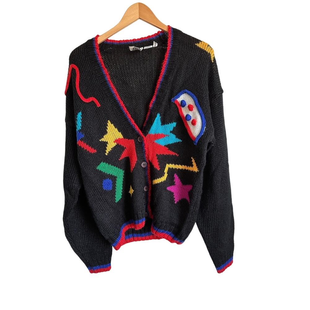 Vintage 80s Abstract Graphic Cardigan Sweater Black Colorful Knit Women’s M/L